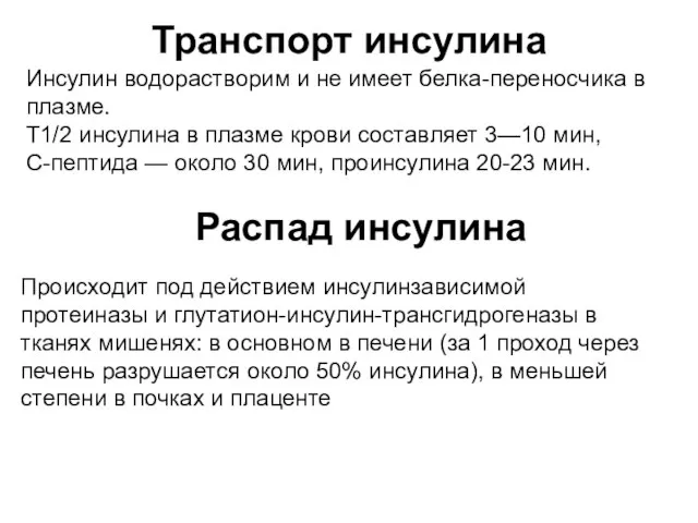 Транспорт инсулина Инсулин водорастворим и не имеет белка-переносчика в плазме. Т1/2