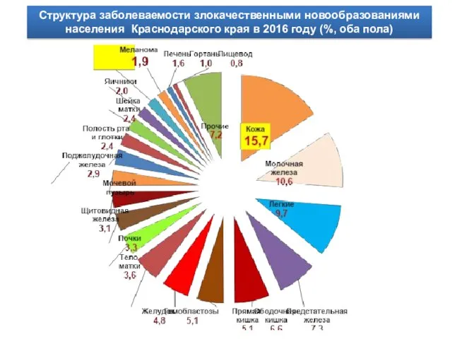 Структура заболеваемости злокачественными новообразованиями населения Краснодарского края в 2016 году (%, оба пола)