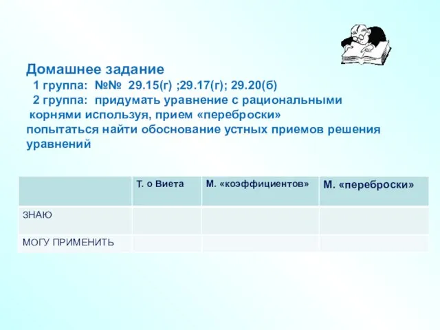 Домашнее задание 1 группа: №№ 29.15(г) ;29.17(г); 29.20(б) 2 группа: придумать