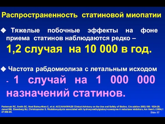 Распространенность статиновой миопатии Slide Тяжелые побочные эффекты на фоне приема статинов