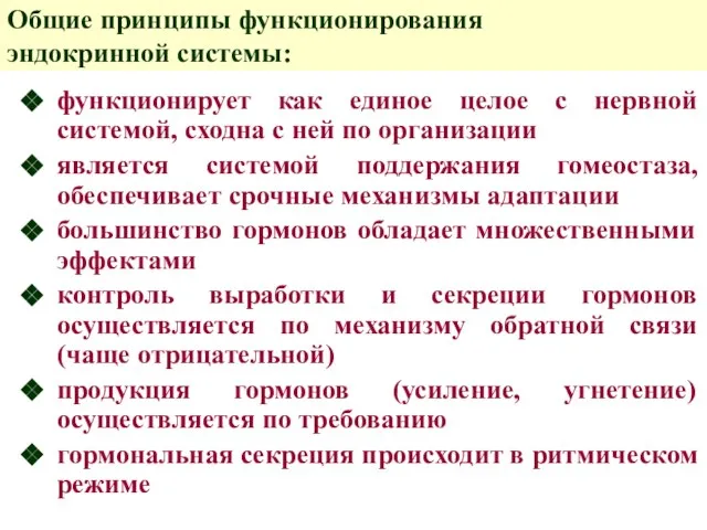 Общие принципы функционирования эндокринной системы: функционирует как единое целое с нервной