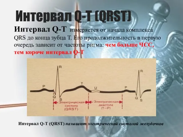 Интервал Q-T (QRST) Интервал Q-T измеряется от начала комплекса QRS до