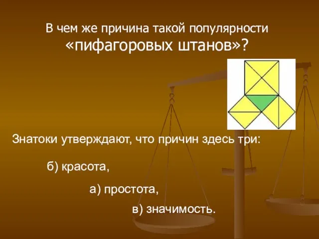 В чем же причина такой популярности «пифагоровых штанов»? а) простота, б)