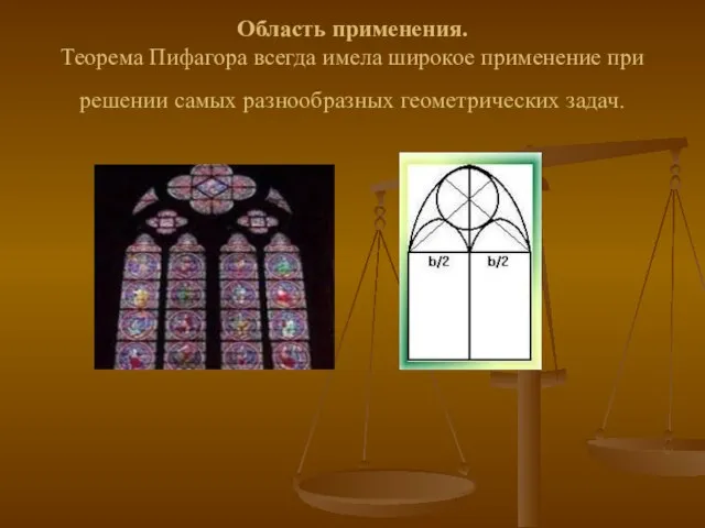 Область применения. Теорема Пифагора всегда имела широкое применение при решении самых разнообразных геометрических задач.