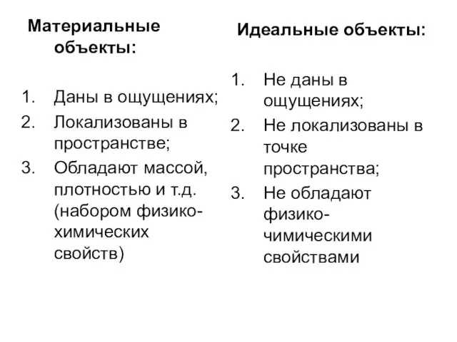 Материальные объекты: Даны в ощущениях; Локализованы в пространстве; Обладают массой, плотностью