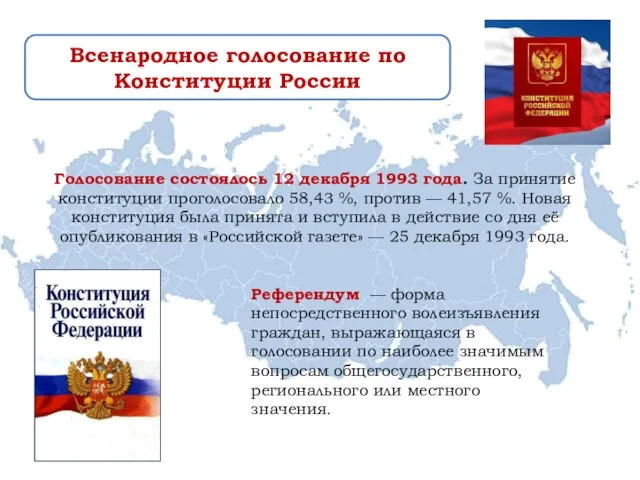 Всенародное голосование по Конституции России Референдум — форма непосредственного волеизъявления граждан,