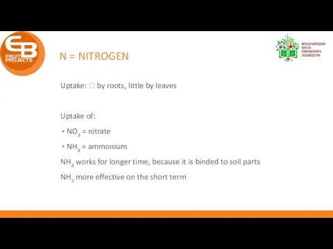 N = NITROGEN Uptake: ? by roots, little by leaves Uptake