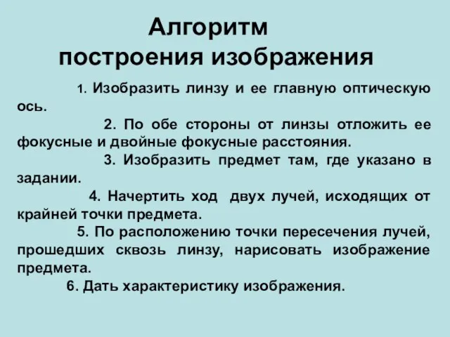 Алгоритм построения изображения 1. Изобразить линзу и ее главную оптическую ось.