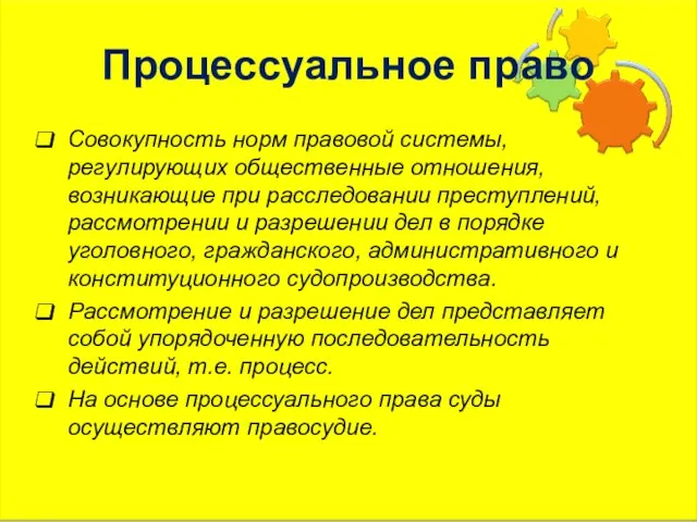 Процессуальное право Совокупность норм правовой системы, регулирующих общественные отношения, возникающие при