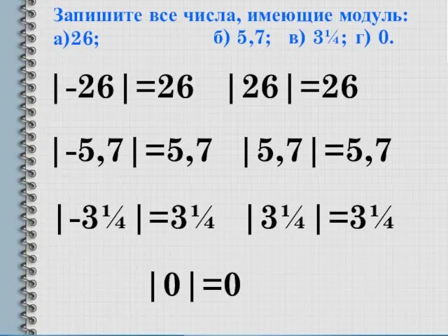 Запишите все числа, имеющие модуль: а)26; |-26|=26 |26|=26 б) 5,7; |-5,7|=5,7