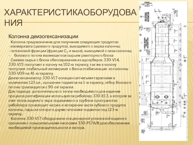 ХАРАКТЕРИСТИКАОБОРУДОВАНИЯ Колонна деизогексанизации Колонна предназначена для получения следующих продуктов: - изомеризата