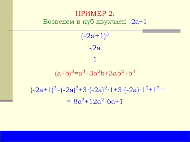 ПРИМЕР 2: Возведем в куб двухчлен -2a+1 (-2a+1)3=(-2a)3+3∙(-2a)2∙1+3∙(-2a)∙12+13 (a+b)3=a3+3a2b+3ab2+b3 (-2a+1)3 -2a 1 =-8a3+12a2-6a+1 =