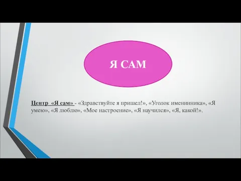 Центр «Я сам» - «Здравствуйте я пришел!», «Уголок именинника», «Я умею»,