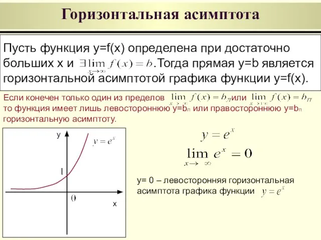 Горизонтальная асимптота Пусть функция y=f(x) определена при достаточно больших x и