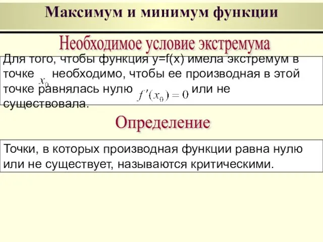 Для того, чтобы функция y=f(x) имела экстремум в точке необходимо, чтобы