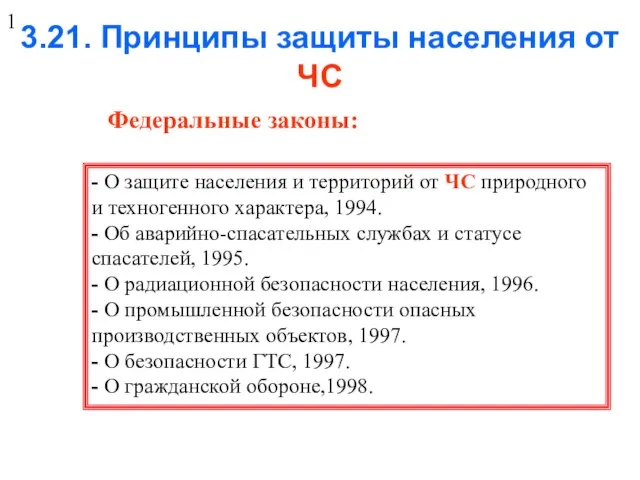 3.21. Принципы защиты населения от ЧС Федеральные законы: - О защите