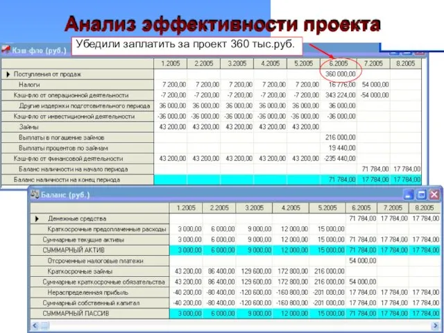 Анализ эффективности проекта Убедили заплатить за проект 360 тыс.руб.