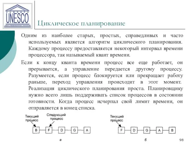 Циклическое планирование Одним из наиболее старых, простых, справедливых и часто используемых