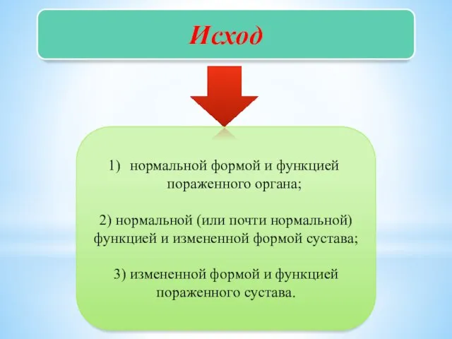 Исход нормальной формой и функцией пораженного органа; 2) нормальной (или почти