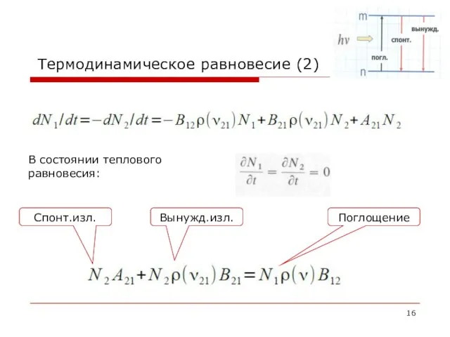 Термодинамическое равновесие (2) В состоянии теплового равновесия: Спонт.изл. Вынужд.изл. Поглощение