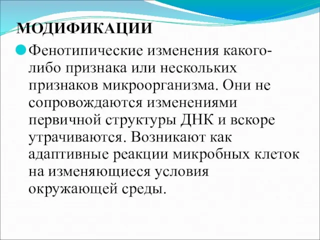 МОДИФИКАЦИИ Фенотипические изменения какого-либо признака или нескольких признаков микроорганизма. Они не