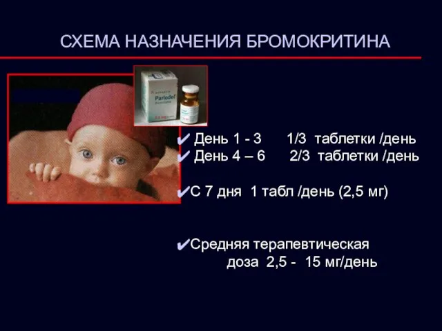 СХЕМА НАЗНАЧЕНИЯ БРОМОКРИТИНА День 1 - 3 1/3 таблетки /день День