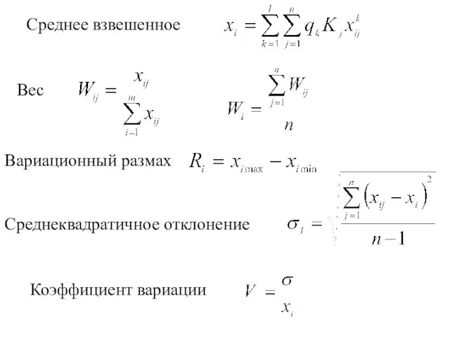 Вес Вариационный размах Среднеквадратичное отклонение Коэффициент вариации Среднее взвешенное