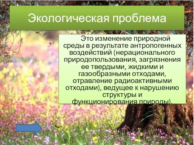 Экологическая проблема Это изменение природной среды в результате антропогенных воздействий (нерационального