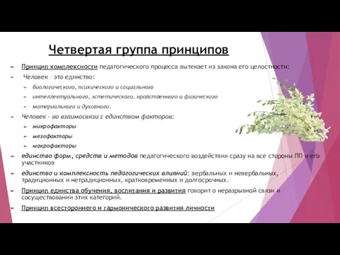 Четвертая группа принципов Принцип комплексности педагогического процесса вытекает из закона его