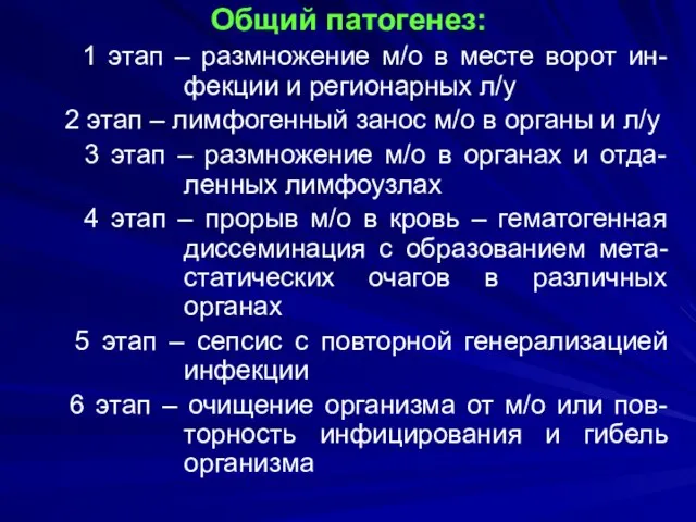 Общий патогенез: 1 этап – размножение м/о в месте ворот ин-фекции