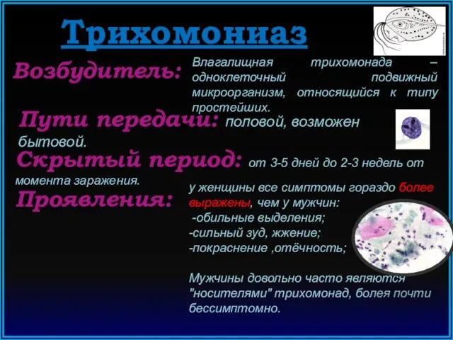 Трихомониаз Возбудитель: Пути передачи: половой, возможен бытовой. Скрытый период: от 3-5