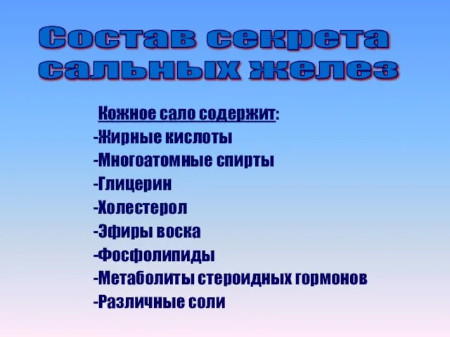 Состав секрета сальных желез Кожное сало содержит: Жирные кислоты Многоатомные спирты