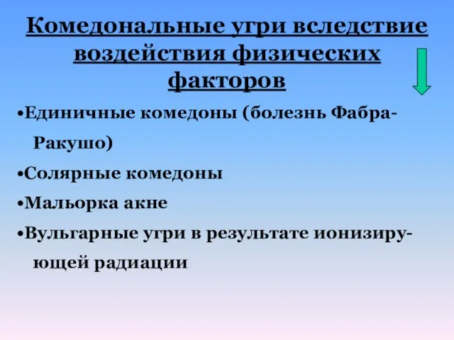 Комедональные угри вследствие воздействия физических факторов Единичные комедоны (болезнь Фабра- Ракушо)