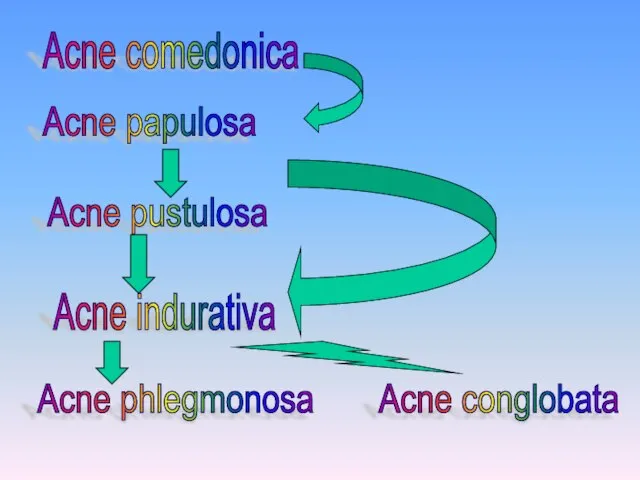 Acne comedonica Acne pustulosa Acne papulosa Acne indurativa Acne phlegmonosa Acne conglobata