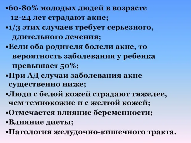 60-80% молодых людей в возрасте 12-24 лет страдают акне; 1/3 этих