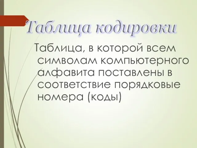 Таблица, в которой всем символам компьютерного алфавита поставлены в соответствие порядковые номера (коды) Таблица кодировки