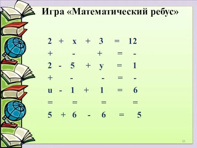 Игра «Математический ребус» 2 + х + 3 = 12 +