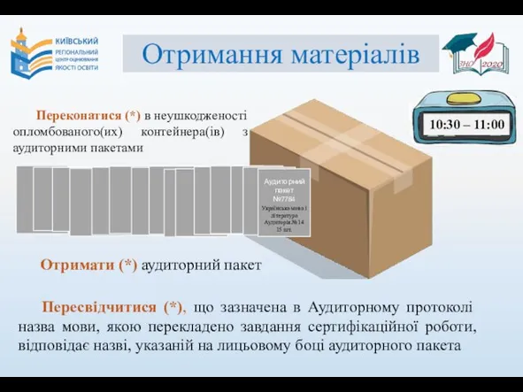 Отримання матеріалів Переконатися (*) в неушкодженості опломбованого(их) контейнера(ів) з аудиторними пакетами