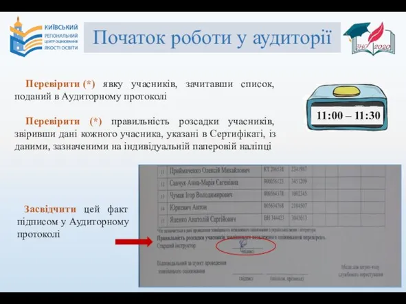 Початок роботи у аудиторії Перевірити (*) явку учасників, зачитавши список, поданий