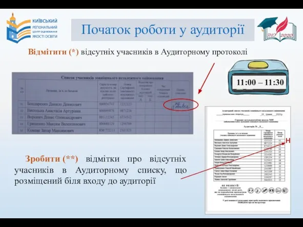 11:00 – 11:30 Відмітити (*) відсутніх учасників в Аудиторному протоколі Зробити