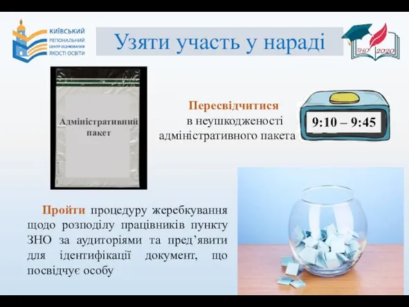 9:10 – 9:45 Узяти участь у нараді Пересвідчитися в неушкодженості адміністративного