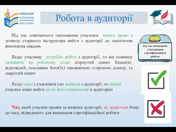 Робота в аудиторії Під час зовнішнього оцінювання учасники мають право з