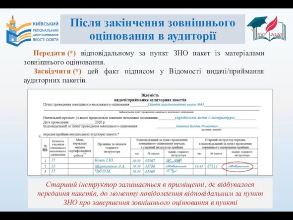 Після закінчення зовнішнього оцінювання в аудиторії Передати (*) відповідальному за пункт