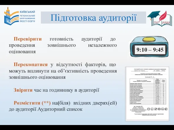 Підготовка аудиторії Перевірити готовність аудиторії до проведення зовнішнього незалежного оцінювання Переконатися