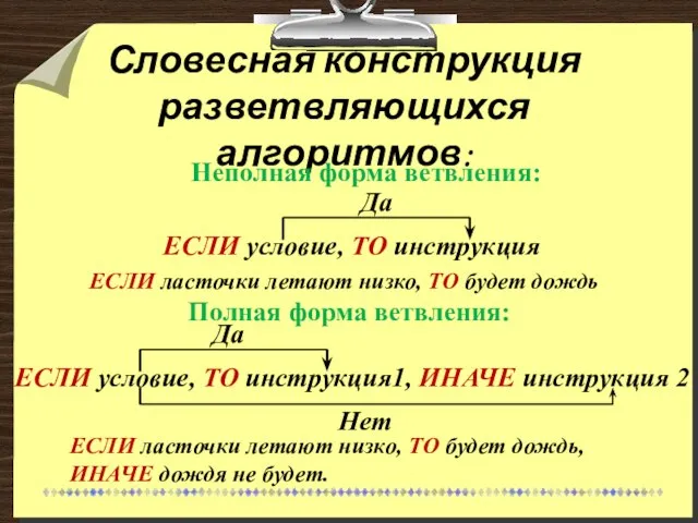 Словесная конструкция разветвляющихся алгоритмов: ЕСЛИ ласточки летают низко, ТО будет дождь