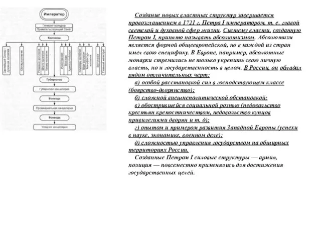 Создание новых властных структур завершается провозглашением в 1721 г. Петра I