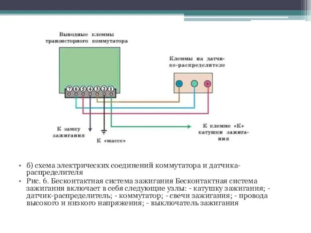 б) схема электрических соединений коммутатора и датчика-распределителя Рис. 6. Бесконтактная система