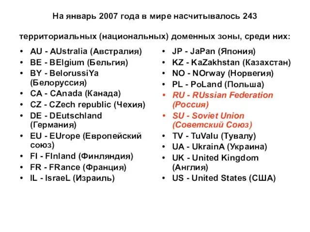 На январь 2007 года в мире насчитывалось 243 территориальных (национальных) доменных