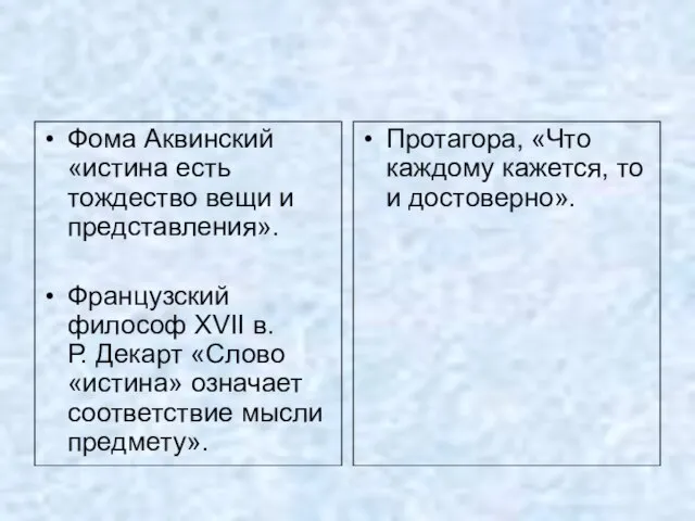 Фома Аквинский «истина есть тождество вещи и представления». Французский философ XVII