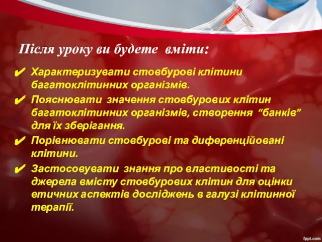 Після уроку ви будете вміти: Характеризувати стовбурові клітини багатоклітинних організмів. Пояснювати